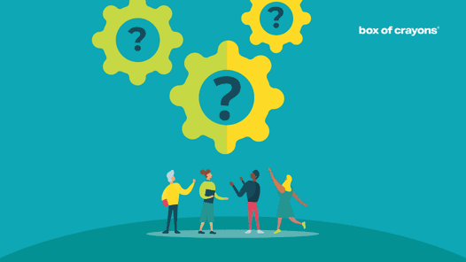 Illustration of people looking up at 3 big gears, which each have a question mark at the center.